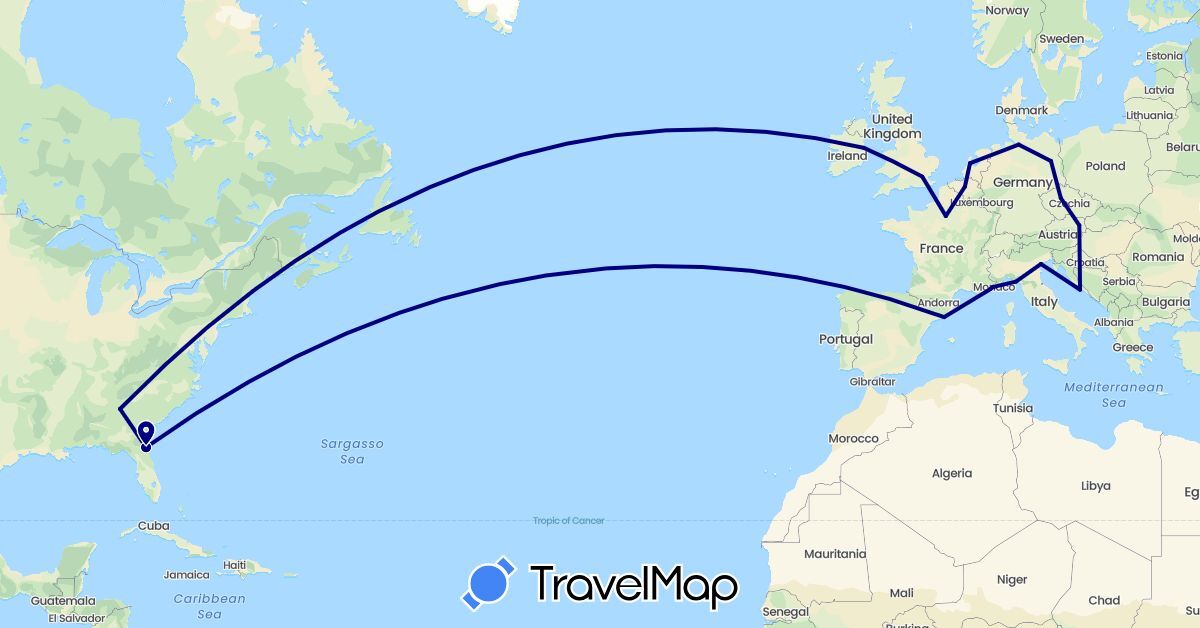 TravelMap itinerary: driving in Austria, Belgium, Czech Republic, Germany, Spain, France, United Kingdom, Croatia, Ireland, Italy, Monaco, Netherlands, United States (Europe, North America)