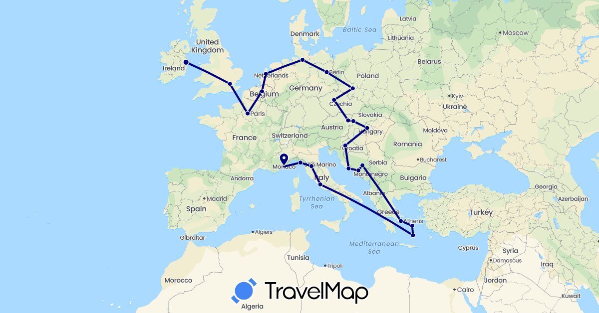 TravelMap itinerary: driving in Austria, Bosnia and Herzegovina, Belgium, Czech Republic, Germany, France, United Kingdom, Greece, Croatia, Hungary, Ireland, Italy, Monaco, Netherlands, Poland, Slovakia (Europe)